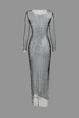 Sheer Mesh Pearl & Rhinestone Decor Maxi Dress