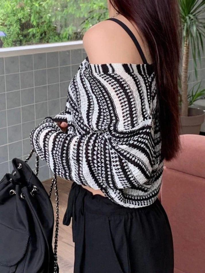 Button Front V Neck Striped Knit Crop Top