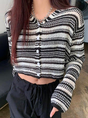 Button Front V Neck Striped Knit Crop Top