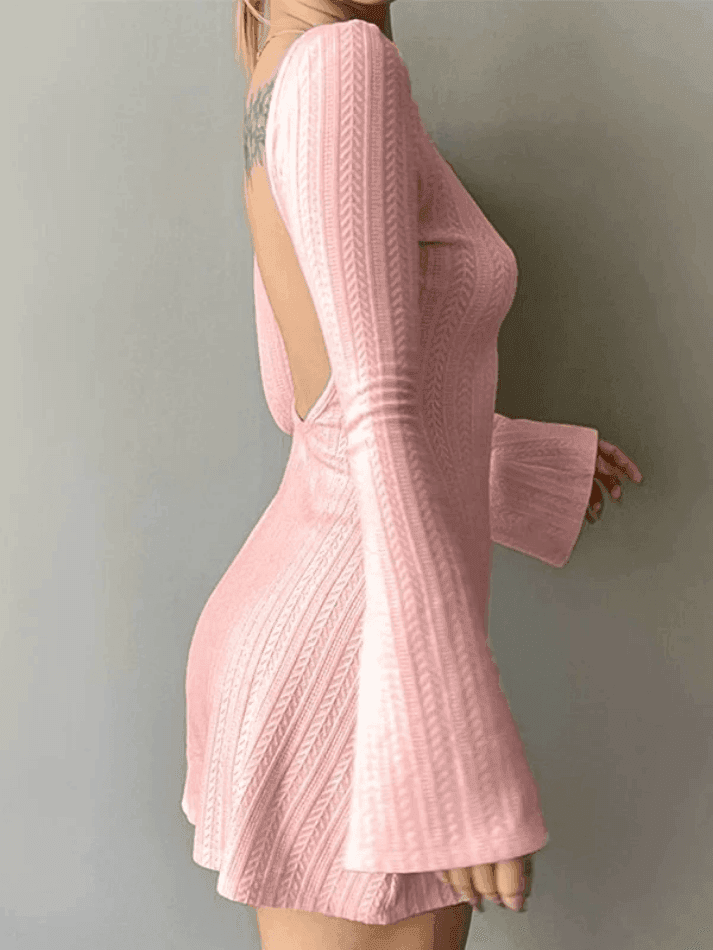 Backless Knitted Long Sleeve Mini Dress
