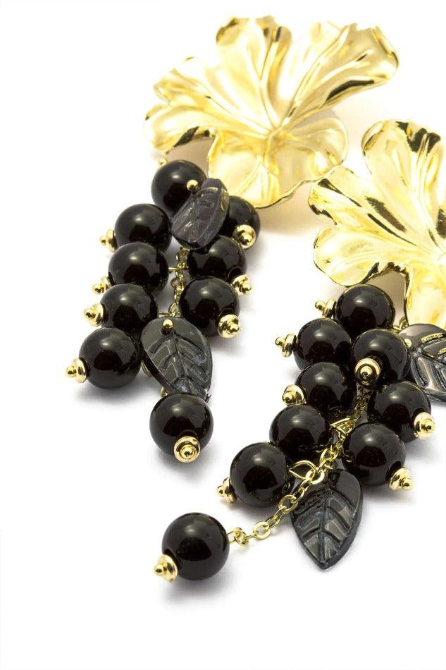 Black Bead Grape Cluster Drop Earrings
