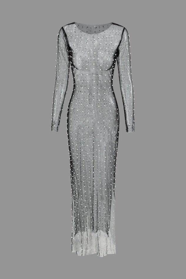 Sheer Mesh Pearl & Rhinestone Decor Maxi Dress