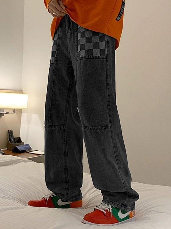 Men's Washed Checkered Patchwork Jeans