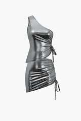 Metallic Drawstring Ruched Cami And Mini Skirt Set
