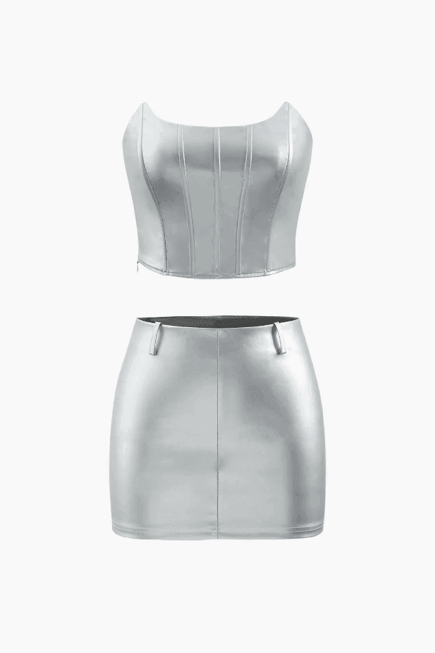 Metallic Strapless Corset Top And A-line Mini Skirt Set