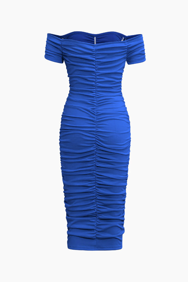 Off The Shoulder Ruched Bodycon Midi Dress