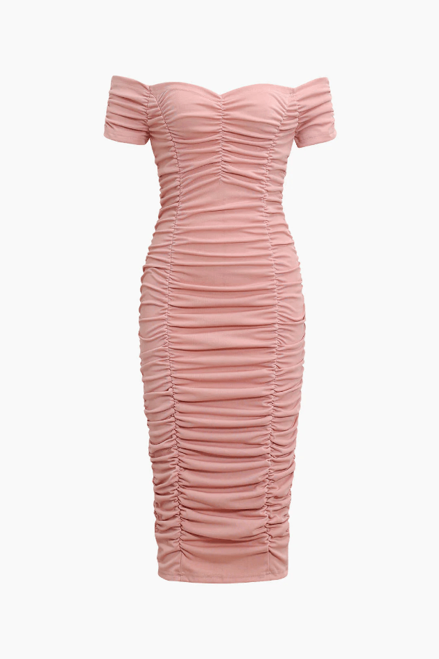 Off The Shoulder Ruched Bodycon Midi Dress