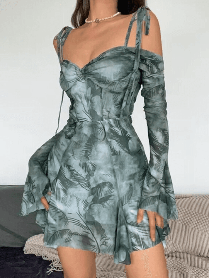 Print Lace Up Trumpet Sleeve Slim Mini Dress