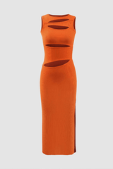 Ribbed Cut Out Side Slit Sleeveless Maxi Dress