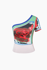 Rose Print Asymmetric T-Shirt And Midi Skirt Set