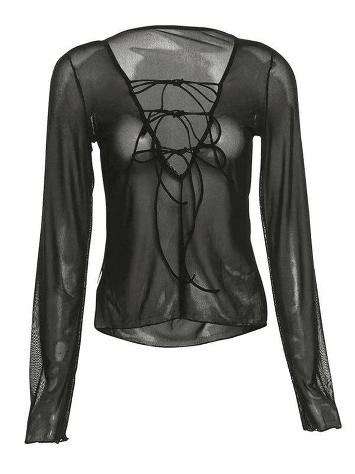 Sheer Mesh Lace Up Blouse