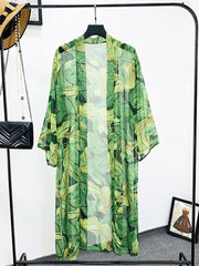 Picnic Partywear Leaf Print Green Color Polyester Long Length Gown Kimono Duster Robe