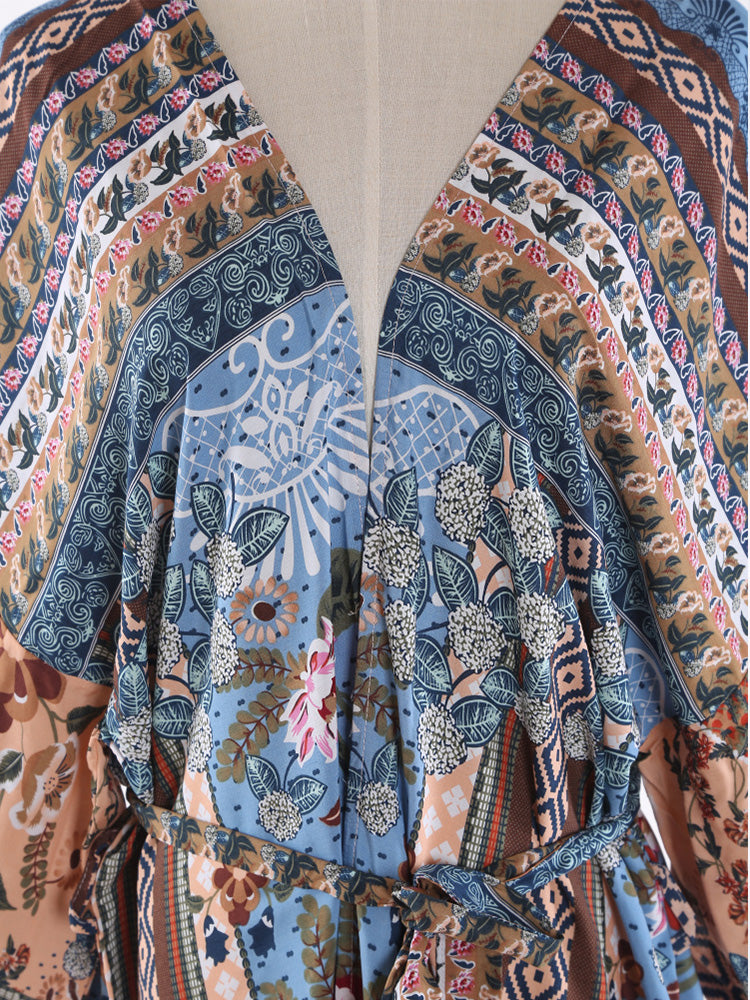 Printed Multicolor Cotton Long Length Gown Kimono Duster Robe