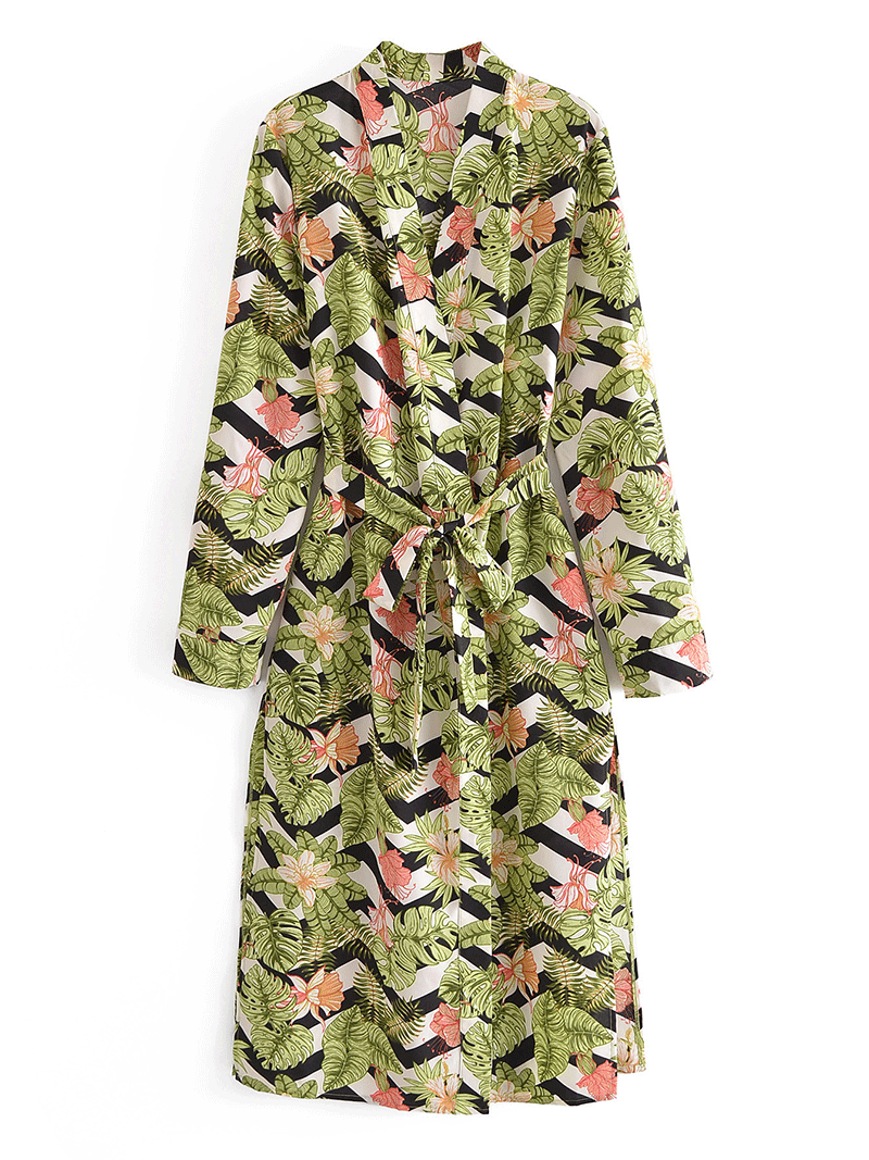 Printed Green Color Polyester Long Length Gown Kimono Duster Robe