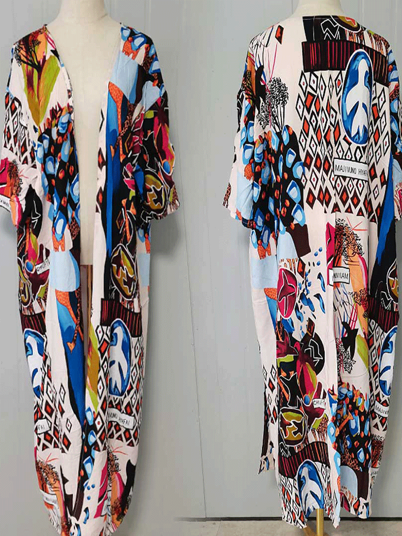 Printed White Color Polyester Long Length Gown Kimono Duster Robe