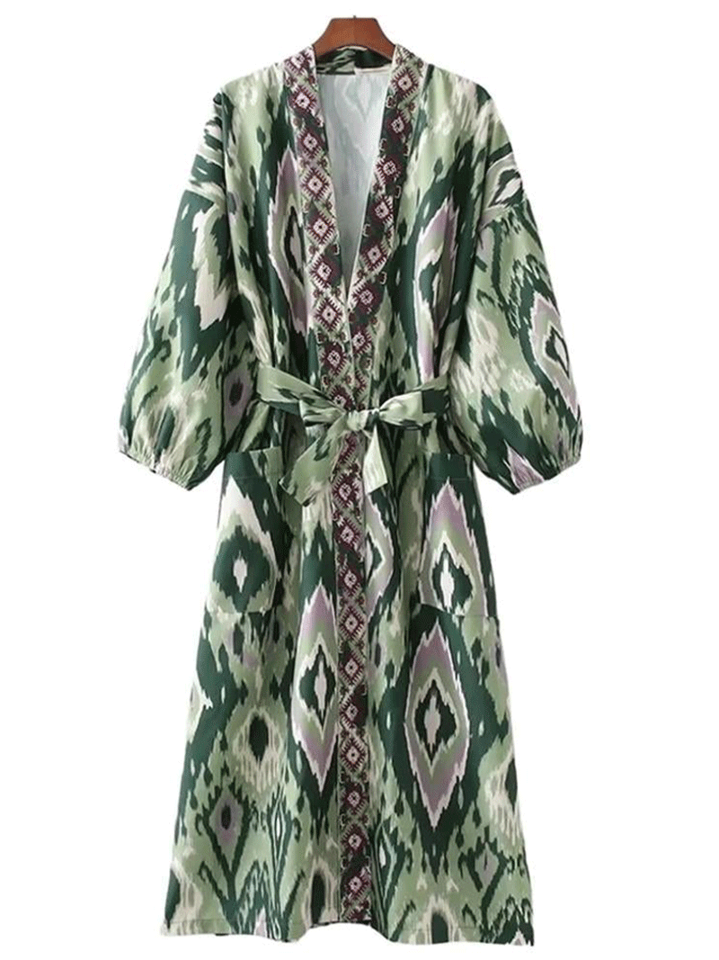 Printed Green Color Polyester Long Length Gown Kimono Duster Robe