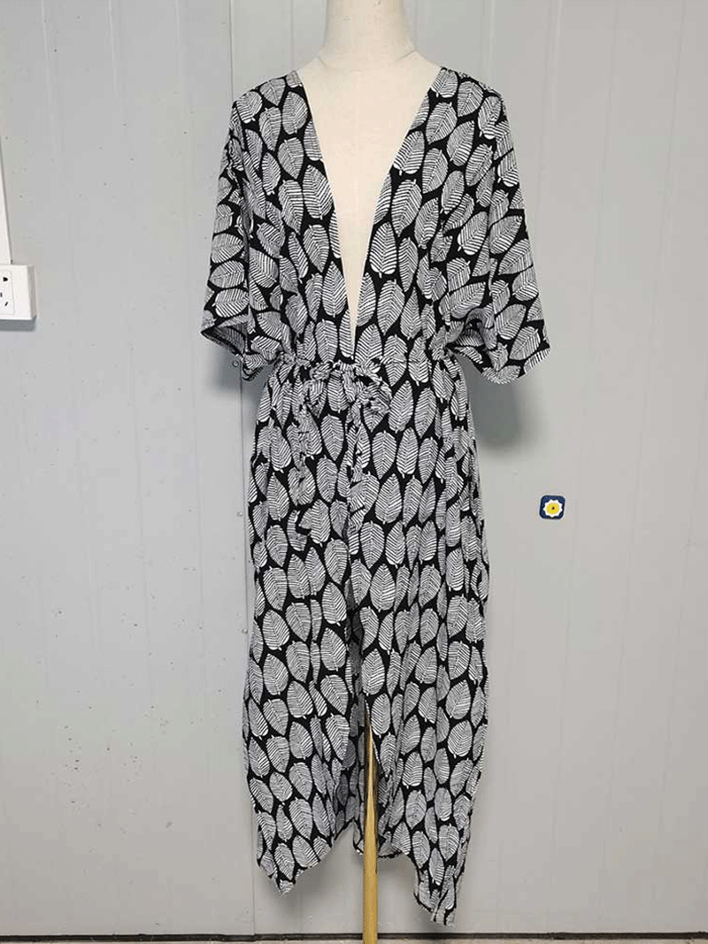 Printed Black & Yellow Color Polyester Long Length Gown Kimono Duster Robe