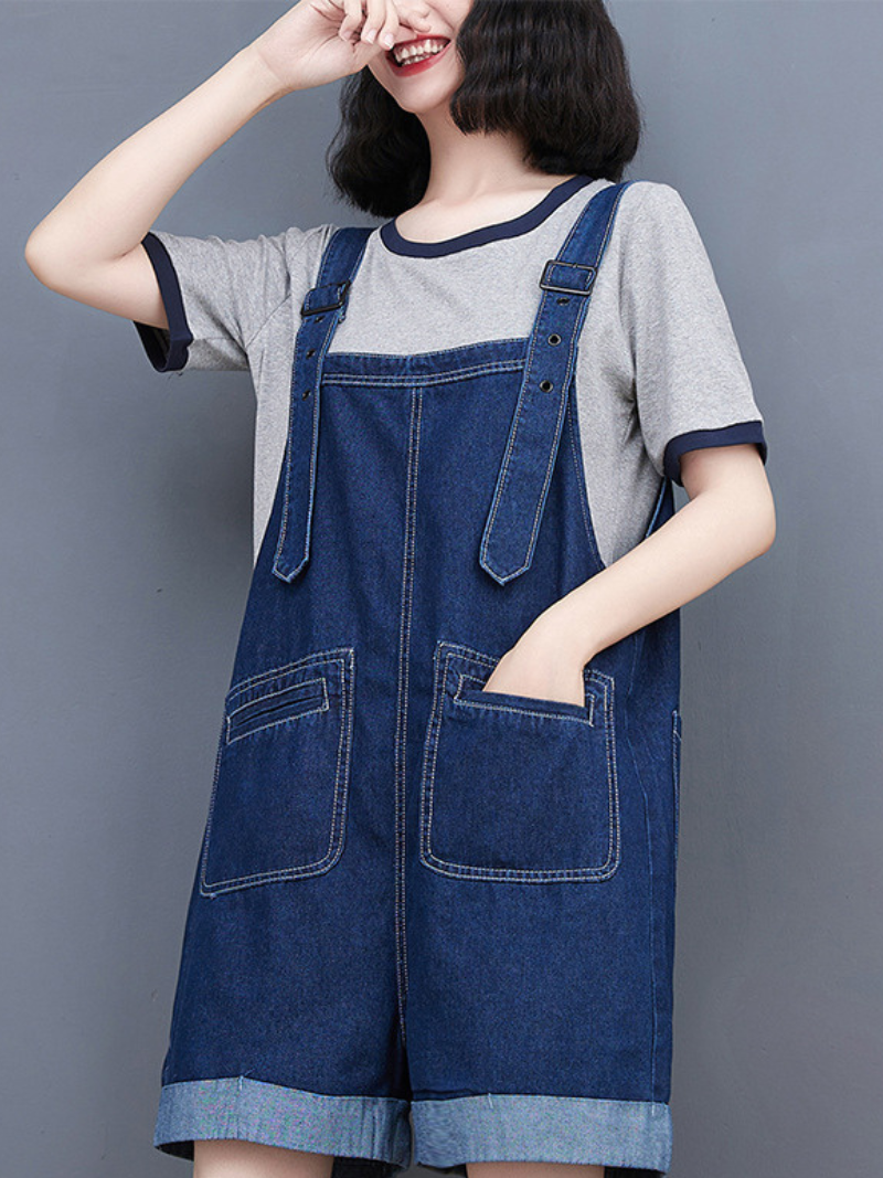 Ripped Frayed Pockets Denim Shorts Romper Jumpsuit Dungarees