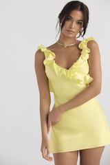 Yellow Silk Satin Ruffle Mini Dress