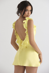 Yellow Silk Satin Ruffle Mini Dress