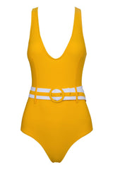 Mustard Yellow V-neck Belted One Piece Swimsuit