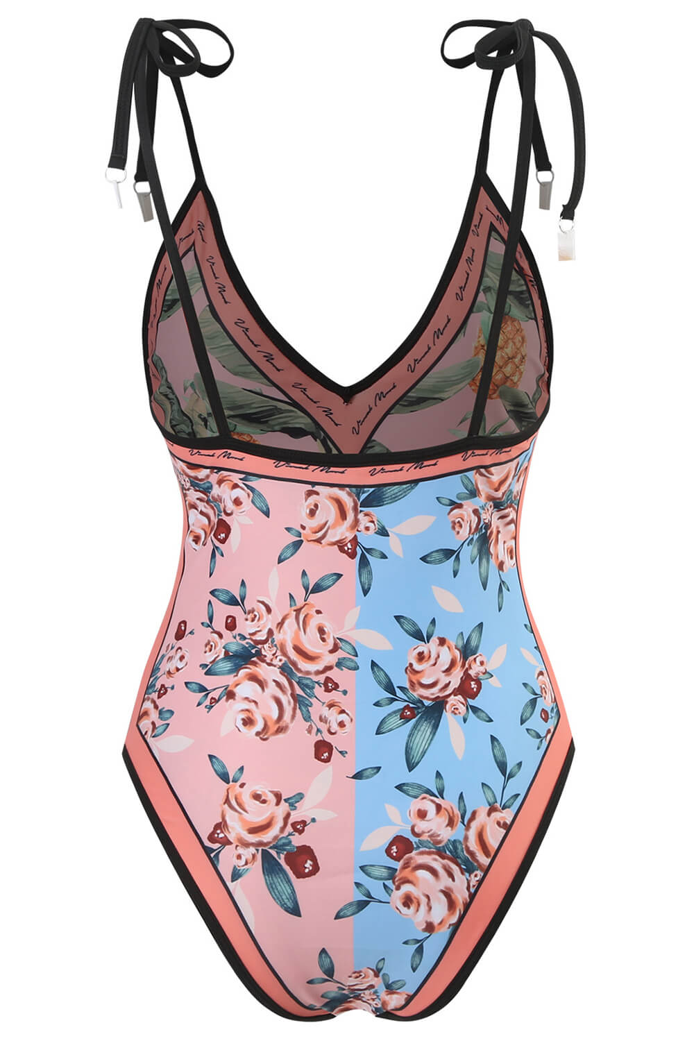 Floral & Pineapple Print Plunge Reversible Tie-Shoulder One Piece Swimsuit