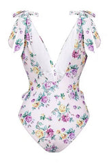 Roses Print Ruffled Plunge Tie-Shoulder Open Back One Piece Swimsuit