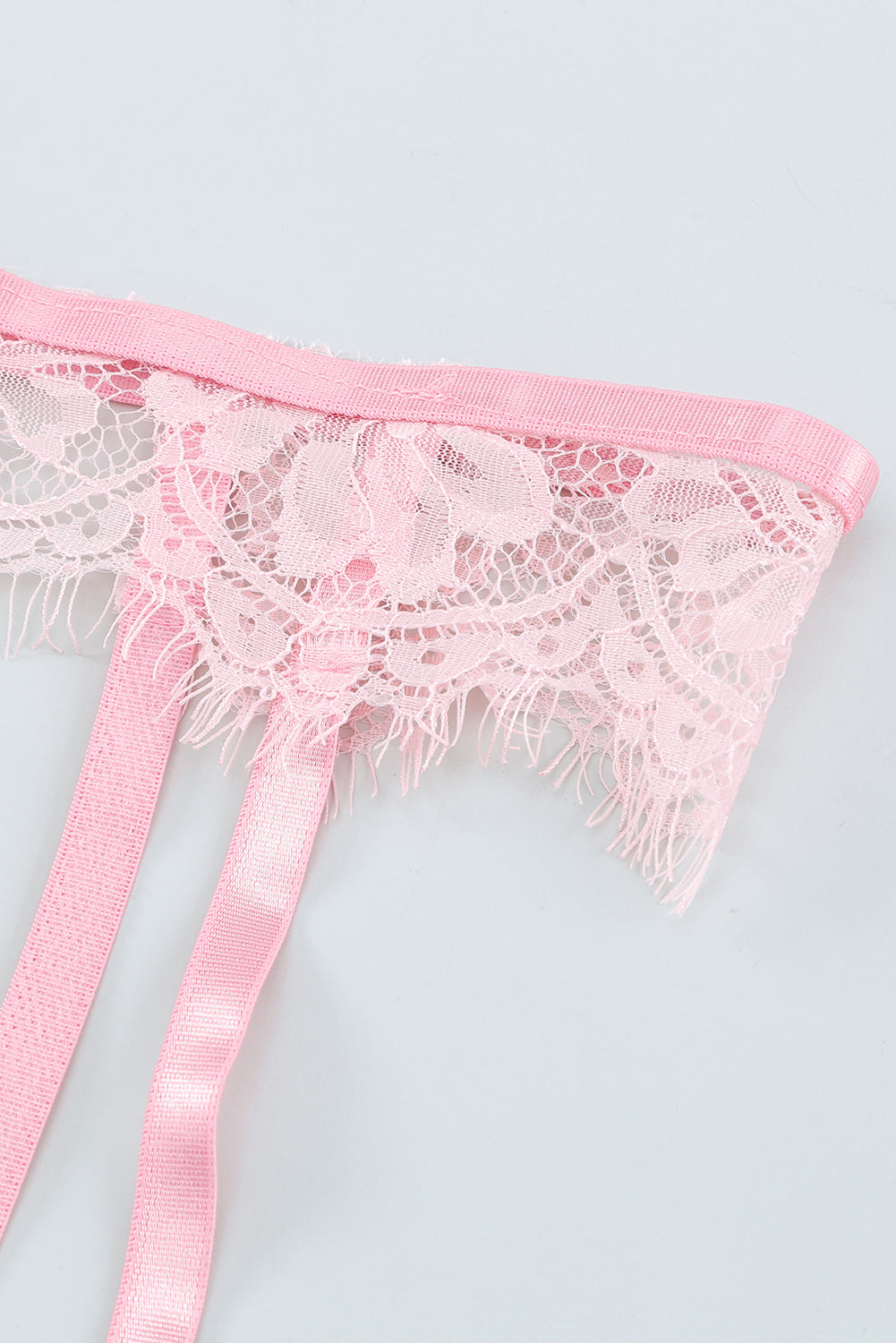 Pink Eyelash Trim Lace Bralette Set With Garter Belt