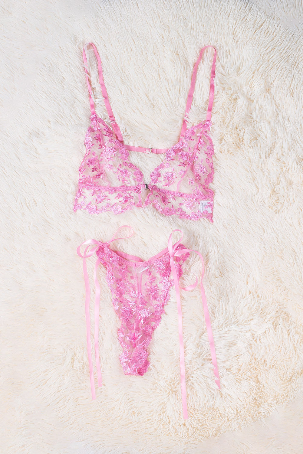 Pink Floral Embroidery Mesh Lace-Up Bra And Panty Set