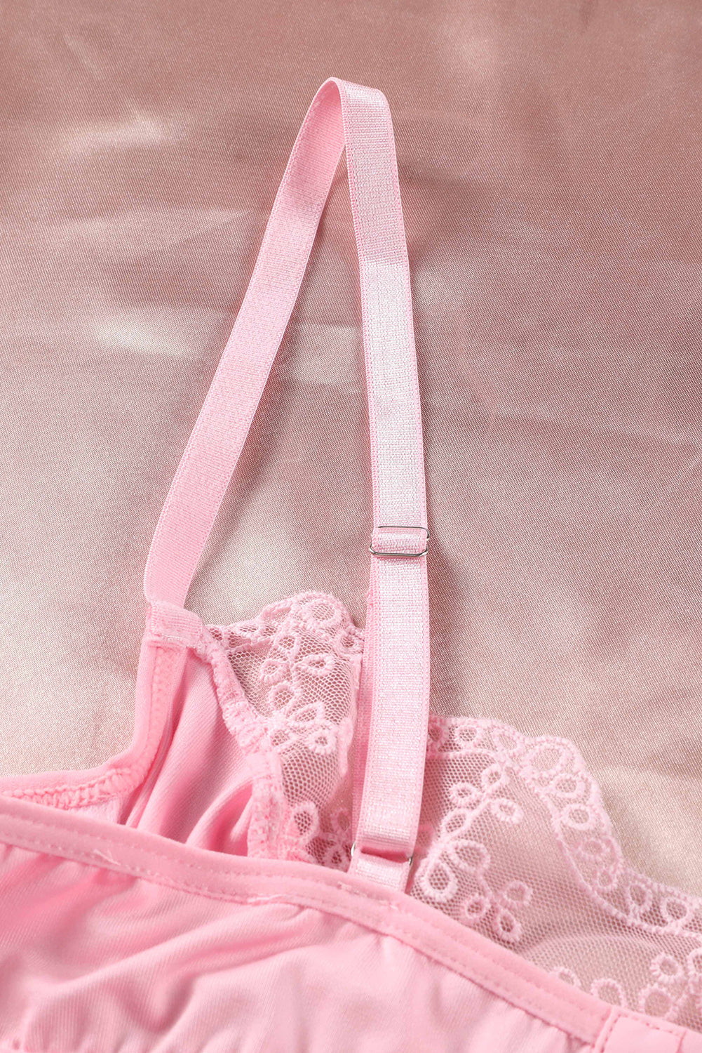 Pink Sheer Lace 3Pcs Garter Belt Lingerie Set