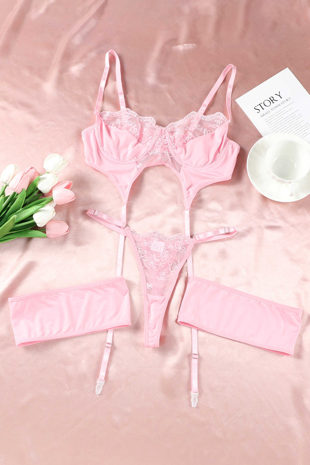 Pink Sheer Lace 3Pcs Garter Belt Lingerie Set