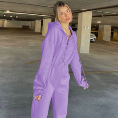 Street Style Lace Up Hooded Drop Shoulder Long Sleeve Jumpsuit - Purple