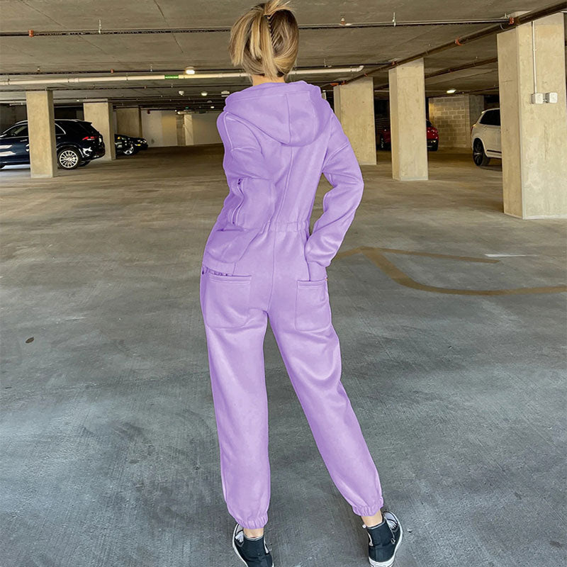 Street Style Lace Up Hooded Drop Shoulder Long Sleeve Jumpsuit - Purple