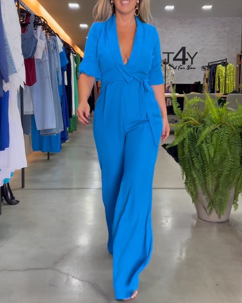 5/4 sleeve fashionable V-neck bright color jumpsuit