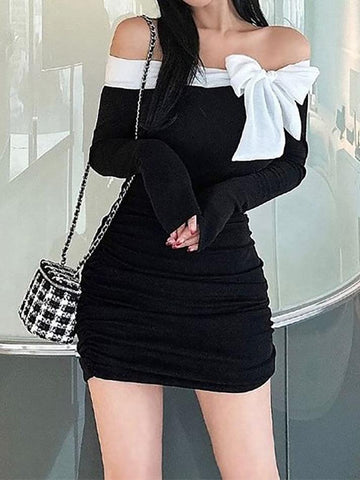 Long-Sleeve Off-Shoulder Two Tone Bow Accent Ruched Mini Bodycon Dress