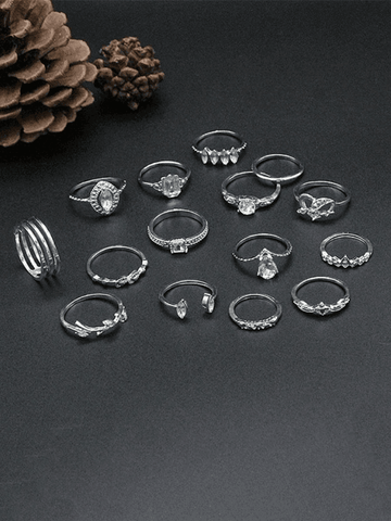 15pcs Rhinestone Silver Ring Set