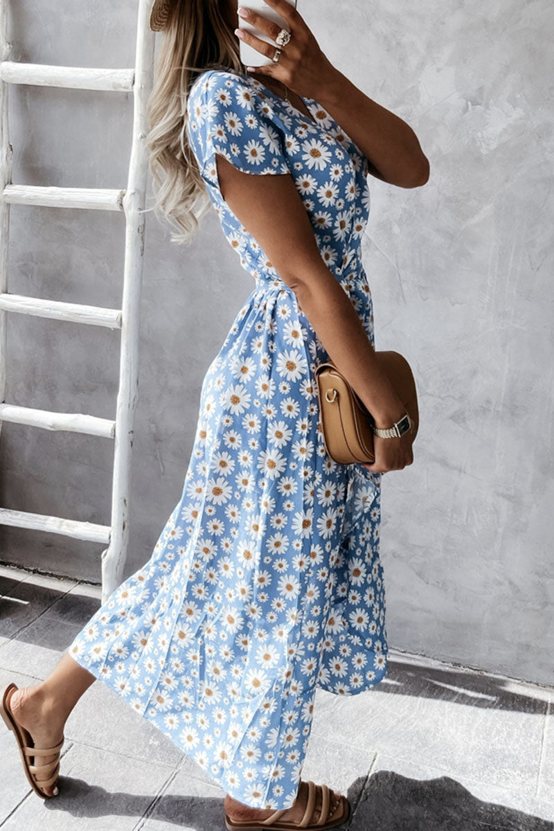 Fashion Bohemian Print Split Joint V Neck Irregular Dresses