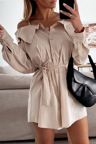 Fashion Street Solid Buckle With Belt Off the Shoulder Irregular Dress Dresses