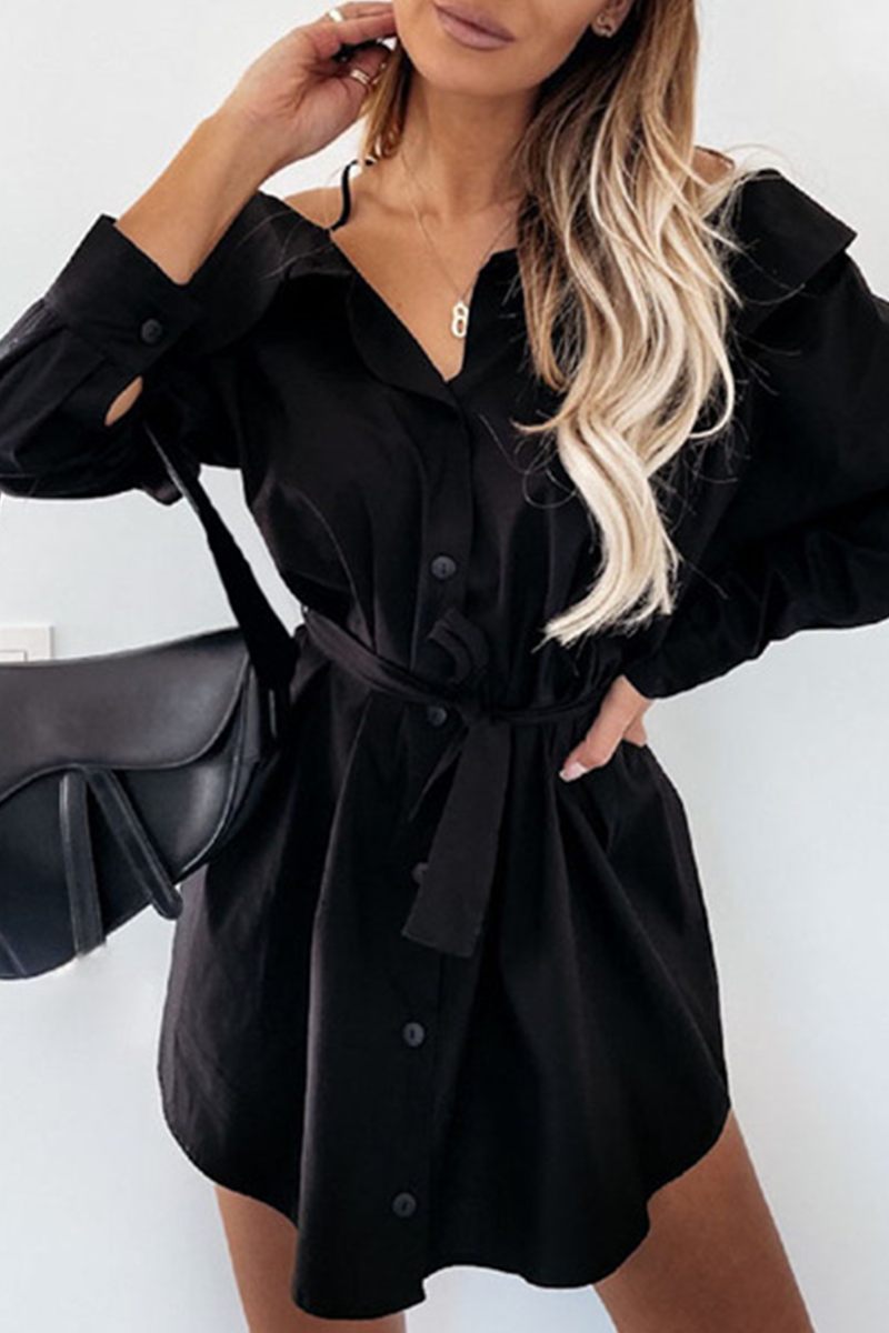 Fashion Street Solid Buckle With Belt Off the Shoulder Irregular Dress Dresses