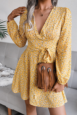 Casual Floral Split Joint Frenulum V Neck A Line Dresses