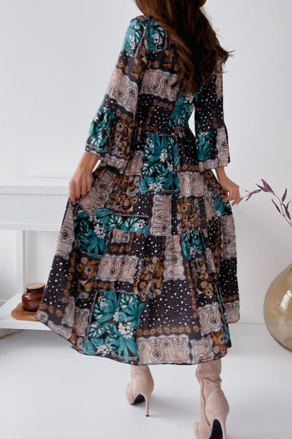 Elegant Print Buckle Flounce Mandarin Collar Dresses