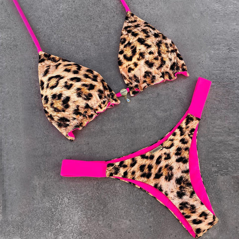 Leopard Print Color Block Bikini