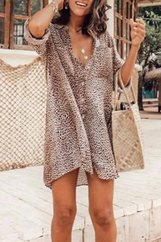 Florcoo Leopard Print Long Sleeve Shirt Mini Dress