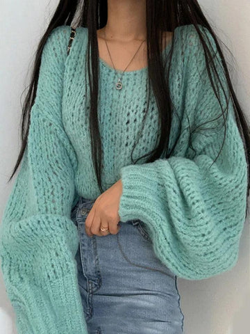 Cutout Lantern Sleeve Baggy Sweater