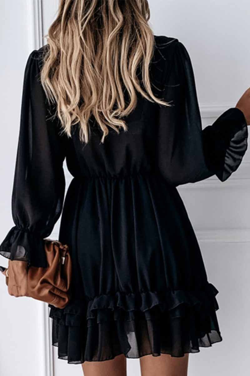 Florcoo Sexy Black Lace Puff Sleeve V-Neck Lace Mini Dress