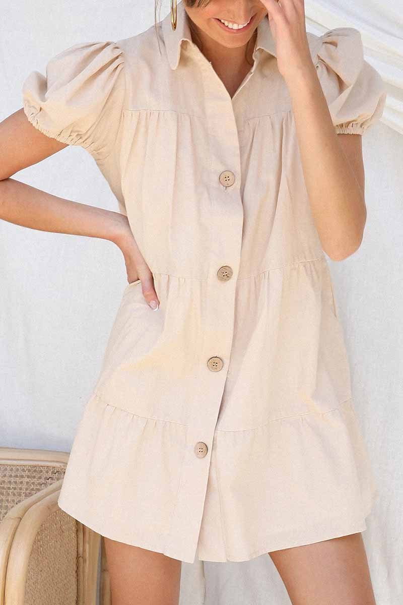 Florcoo Loose Lantern Sleeve Pleated Single Breasted Mini Dress