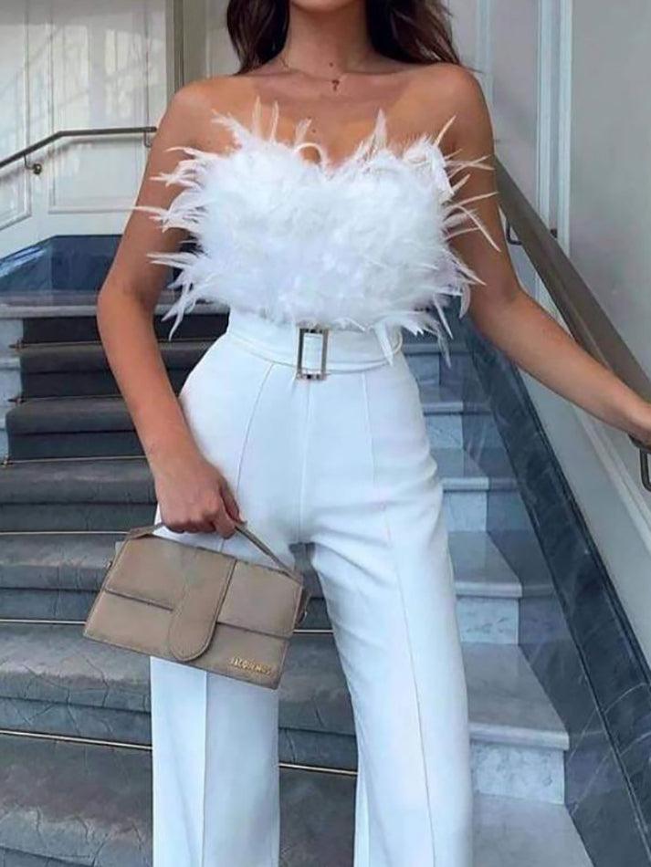 Strapless Plain Feather Accent Wide Leg Jumpsuit