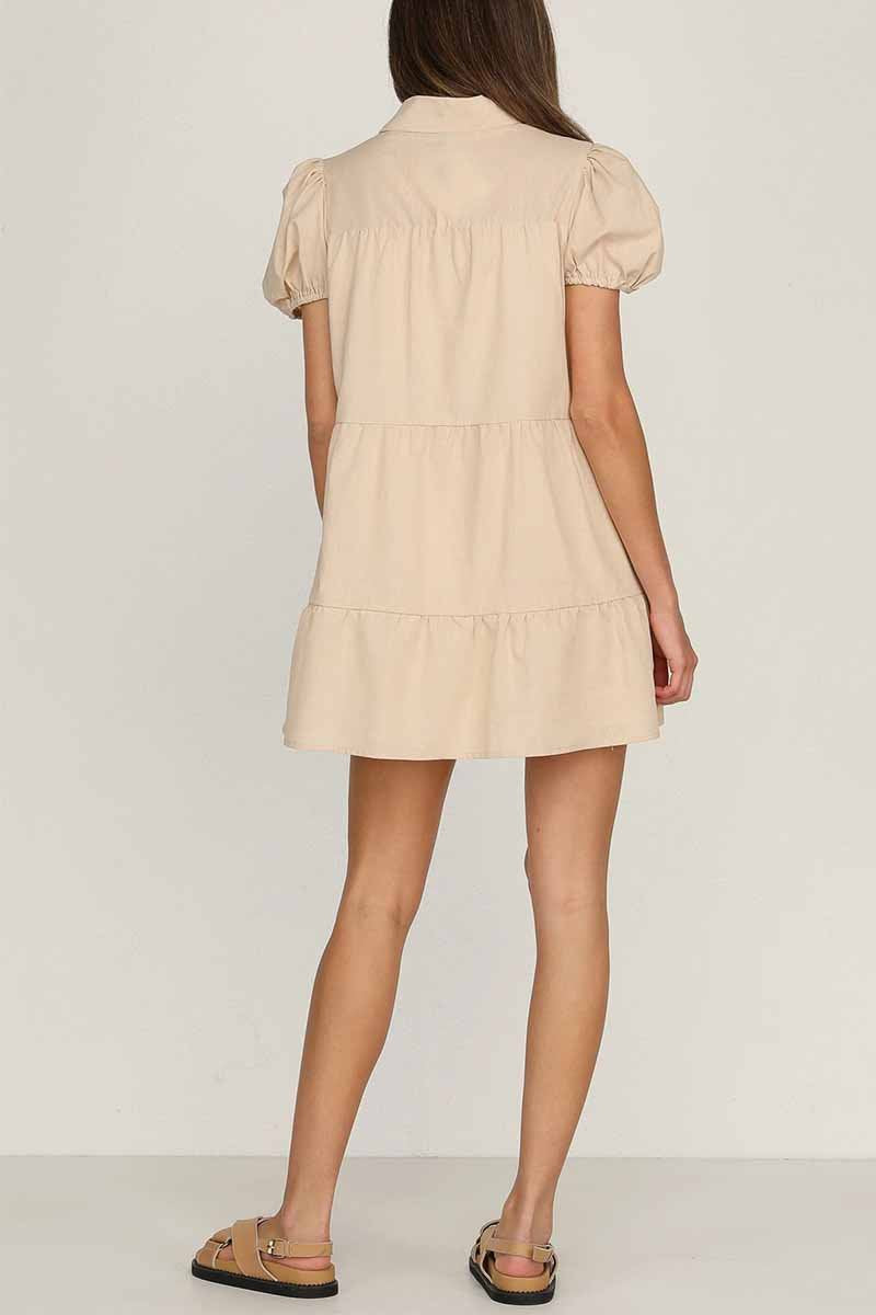 Florcoo Loose Lantern Sleeve Pleated Single Breasted Mini Dress