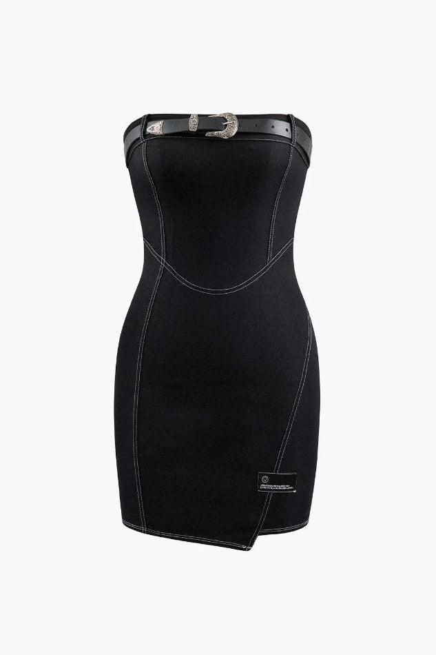 Topstitching Belted Strapless Mini Dress