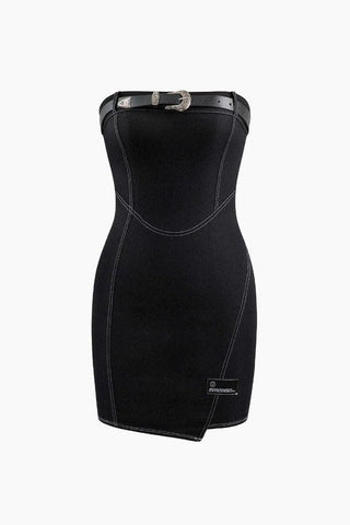 Topstitching Belted Strapless Mini Dress